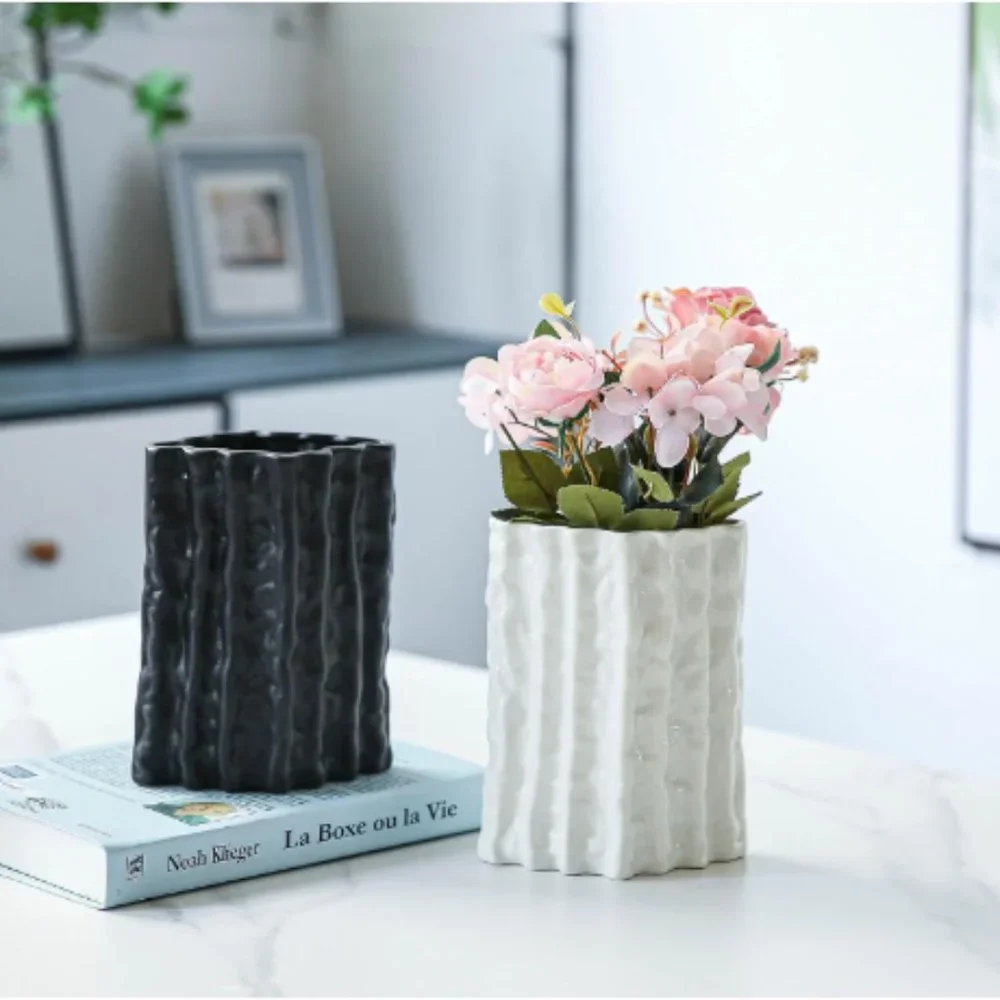Set of 2 - Lg Black & White - Ribbed Rhombus Ceramic Vases for Flowers & Decor